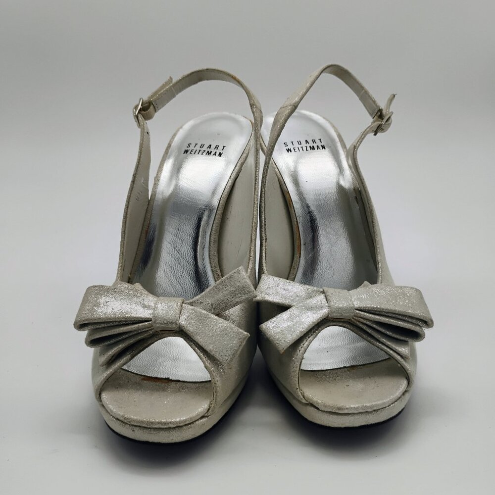 Stuart Weitzman Silver Suede Open Toe Slingback H… - image 3